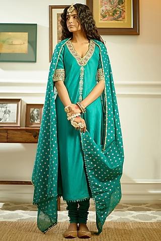 turquoise hand embroidered long kurta set