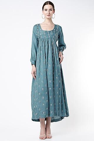 turquoise hand embroidered pleated dress