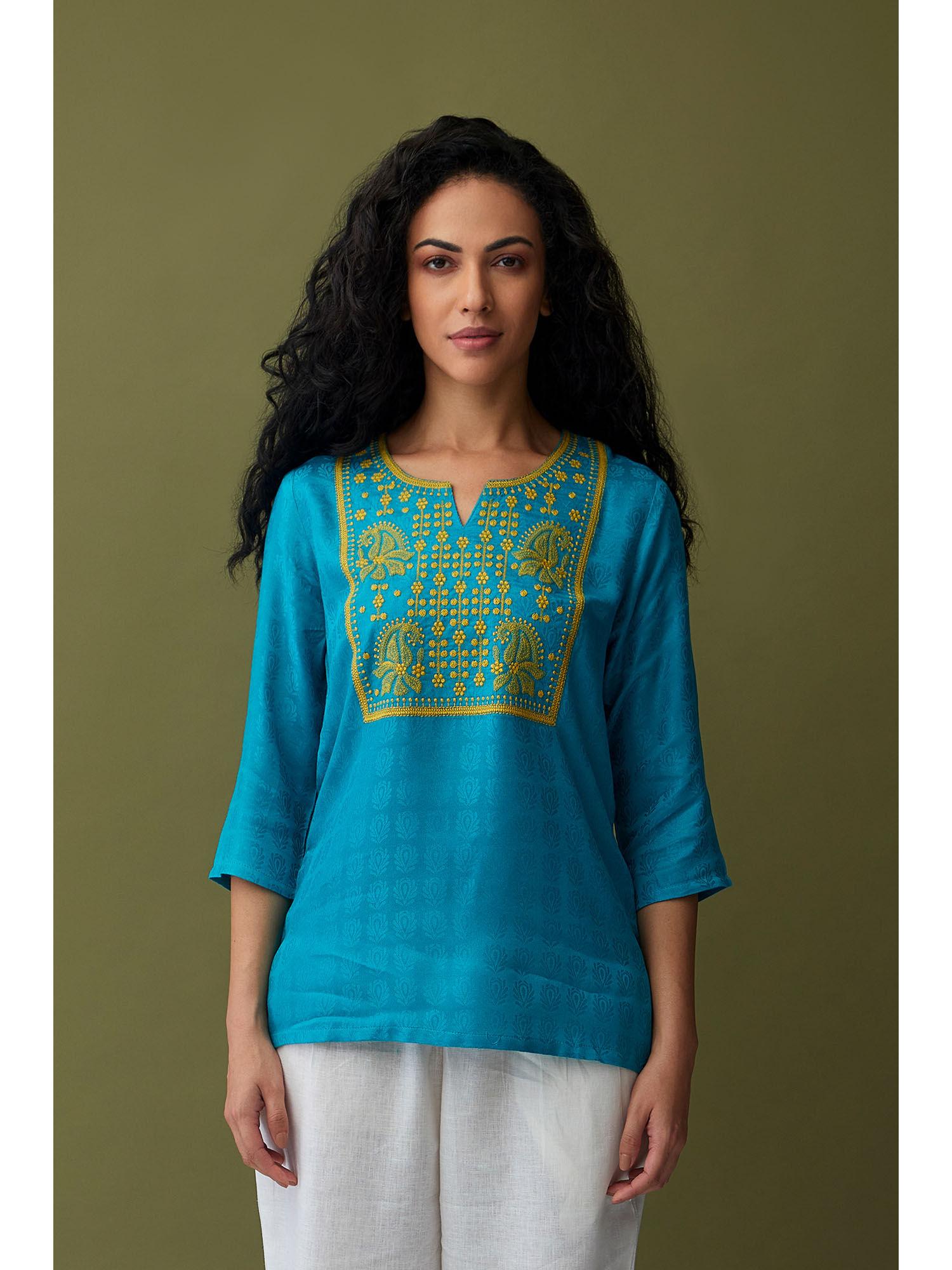 turquoise jacquard embroidered tunic