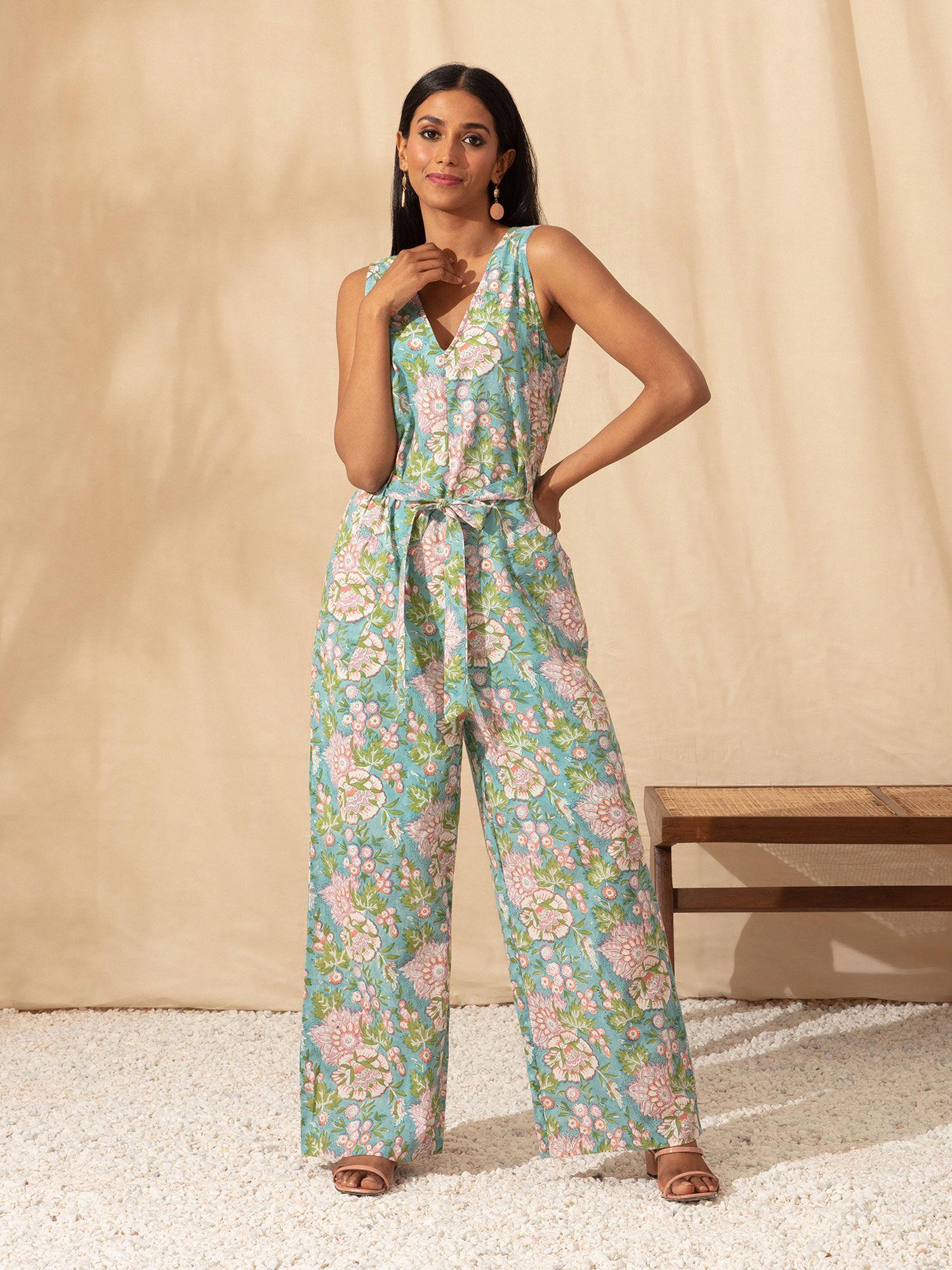 turquoise jaipuri printed cotton jumpsuit with belt likjs01