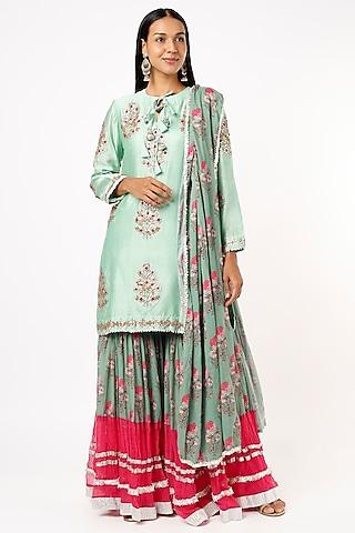 turquoise knee-length gota embroidered kurta set