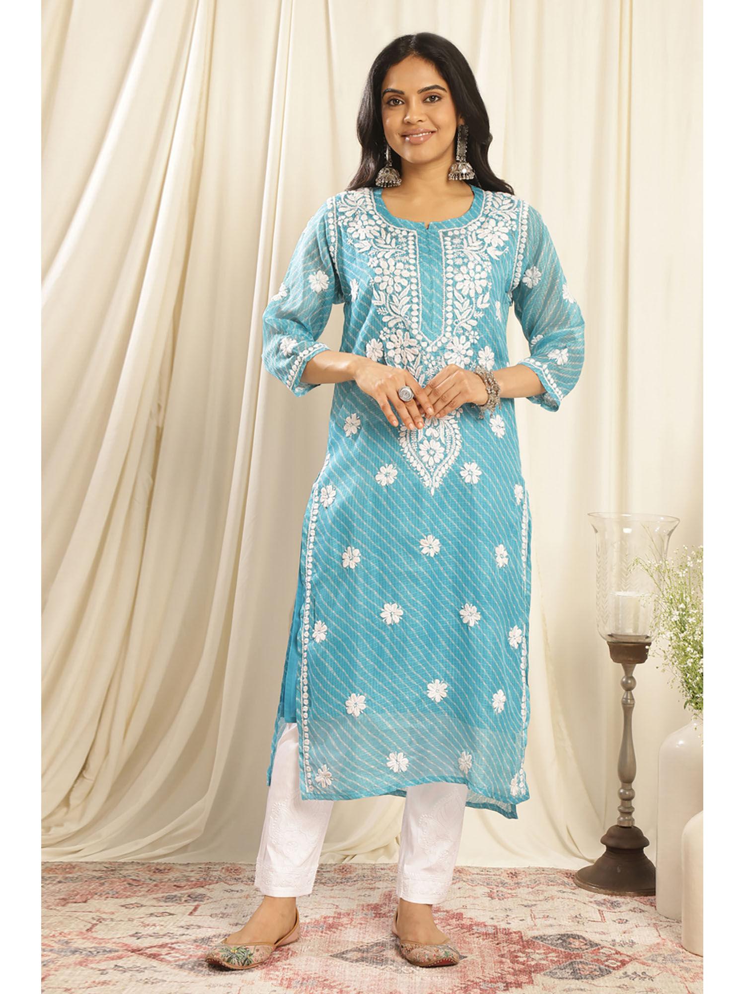 turquoise kota doria chikankari kurta with slip (set of 2)