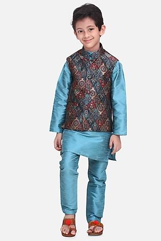 turquoise kurta set with nehru jacket for boys