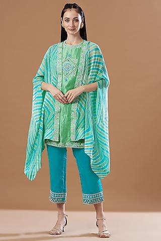 turquoise leheriya printed cape set
