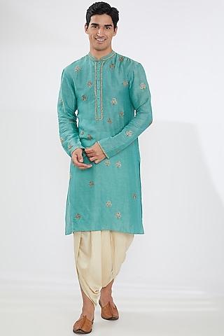 turquoise linen embroidered kurta set