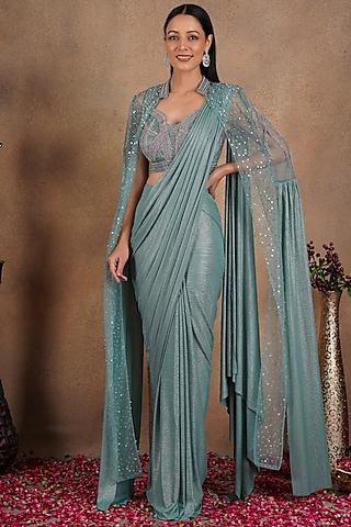 turquoise lycra pre-stitched saree set