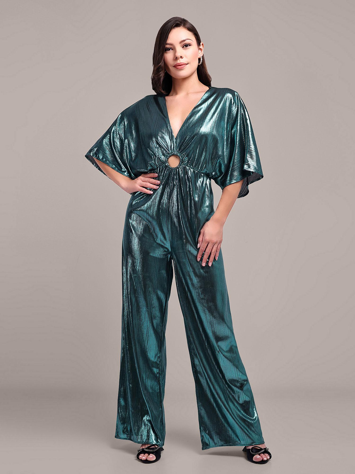 turquoise metallic v-neck jumpsuit