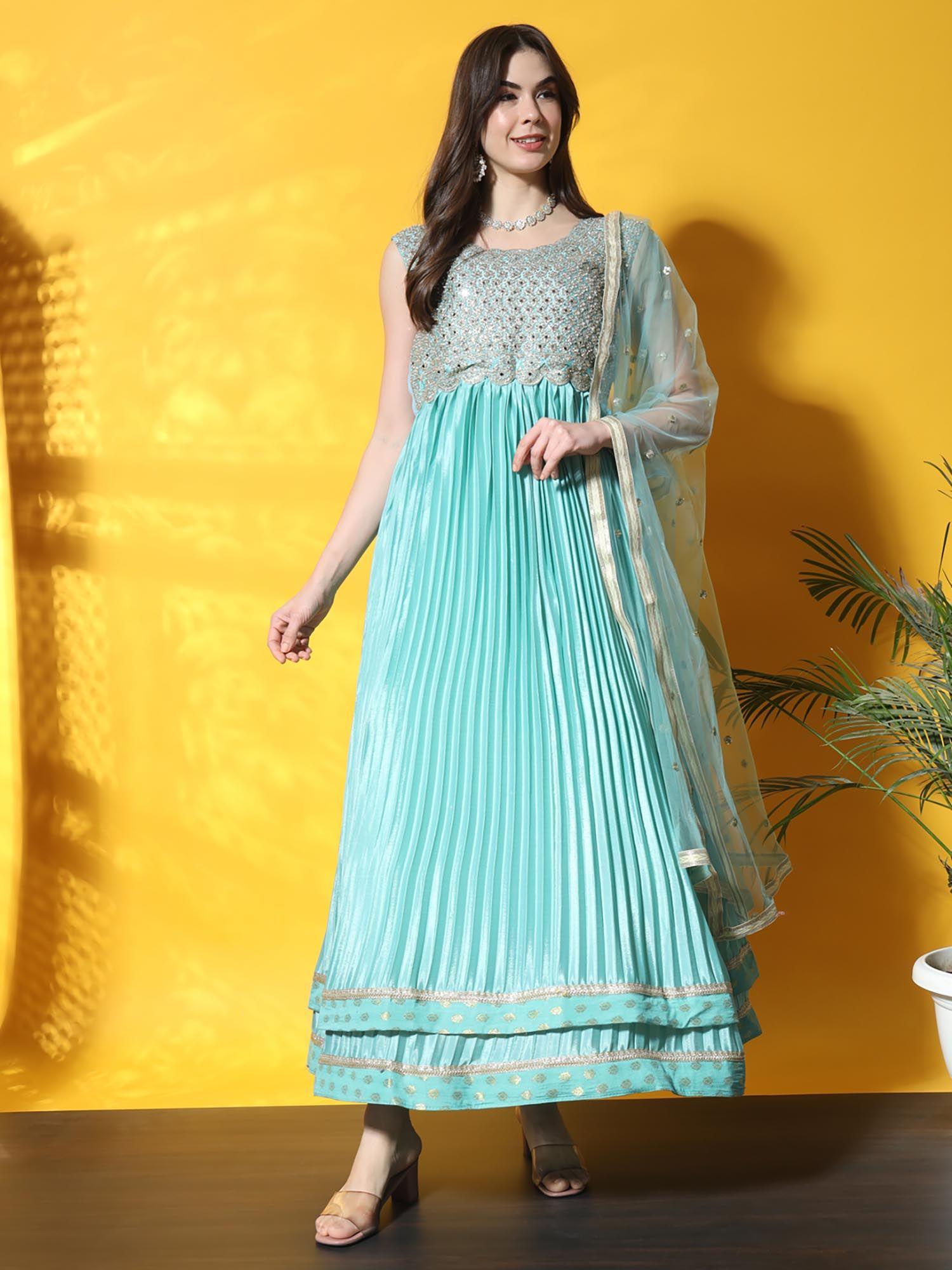 turquoise mirror work pleated dress with dupatta (set of 2)