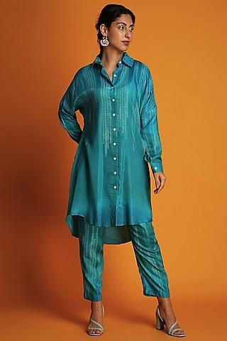 turquoise modal block printed ombre shirt tunic set