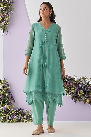 turquoise mul chanderi embroidered kurta set