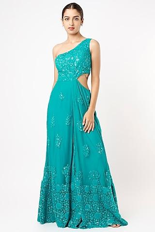 turquoise net sequins embroidered flared one-shoulder jumpsuit for girls