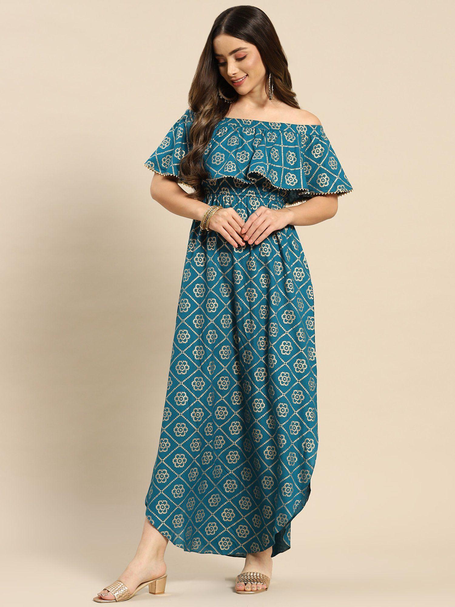 turquoise off shoulder flare yoke and u hem maxi dress