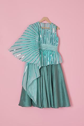 turquoise organza & silk metallic striped flared gown for girls