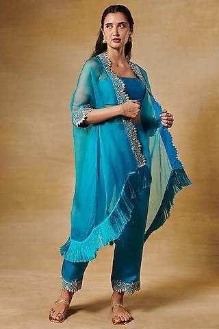 turquoise organza gold zari embroidered cape set