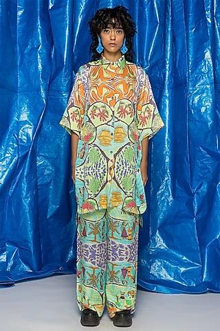 turquoise orient slub satin printed tunic