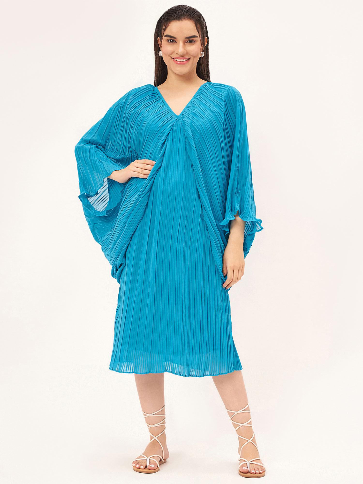 turquoise pleated kaftan dress with slip (set of 2)