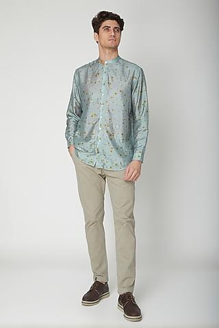 turquoise polka printed silk shirt