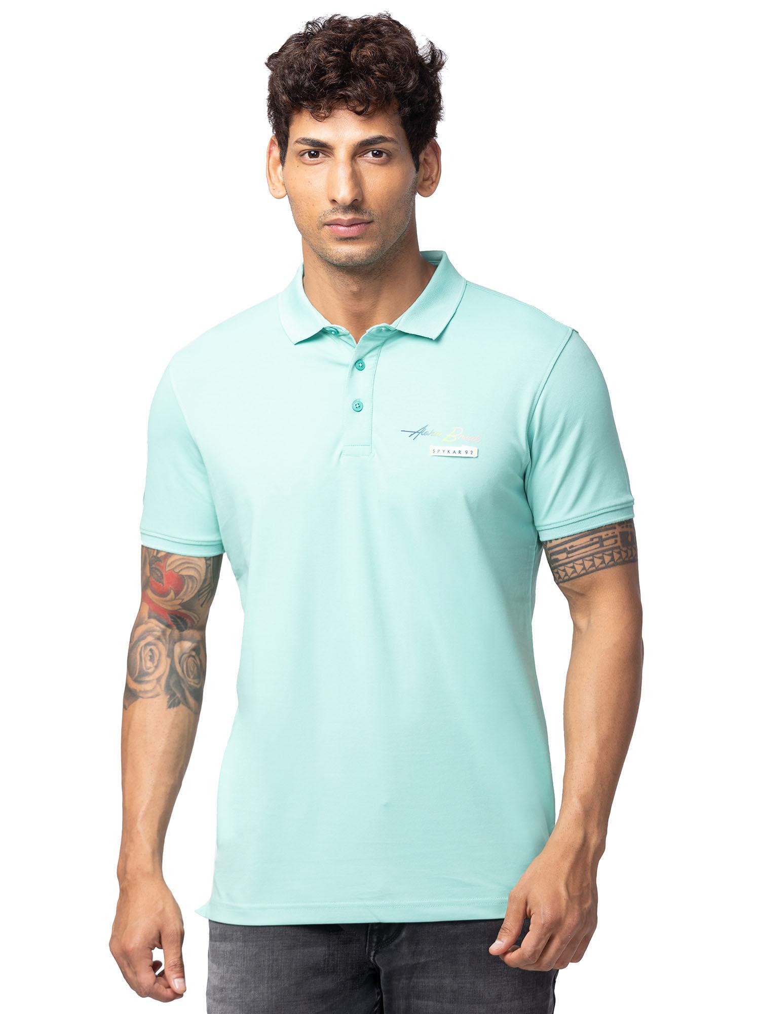 turquoise polo collar half sleeves blended t-shirt for men