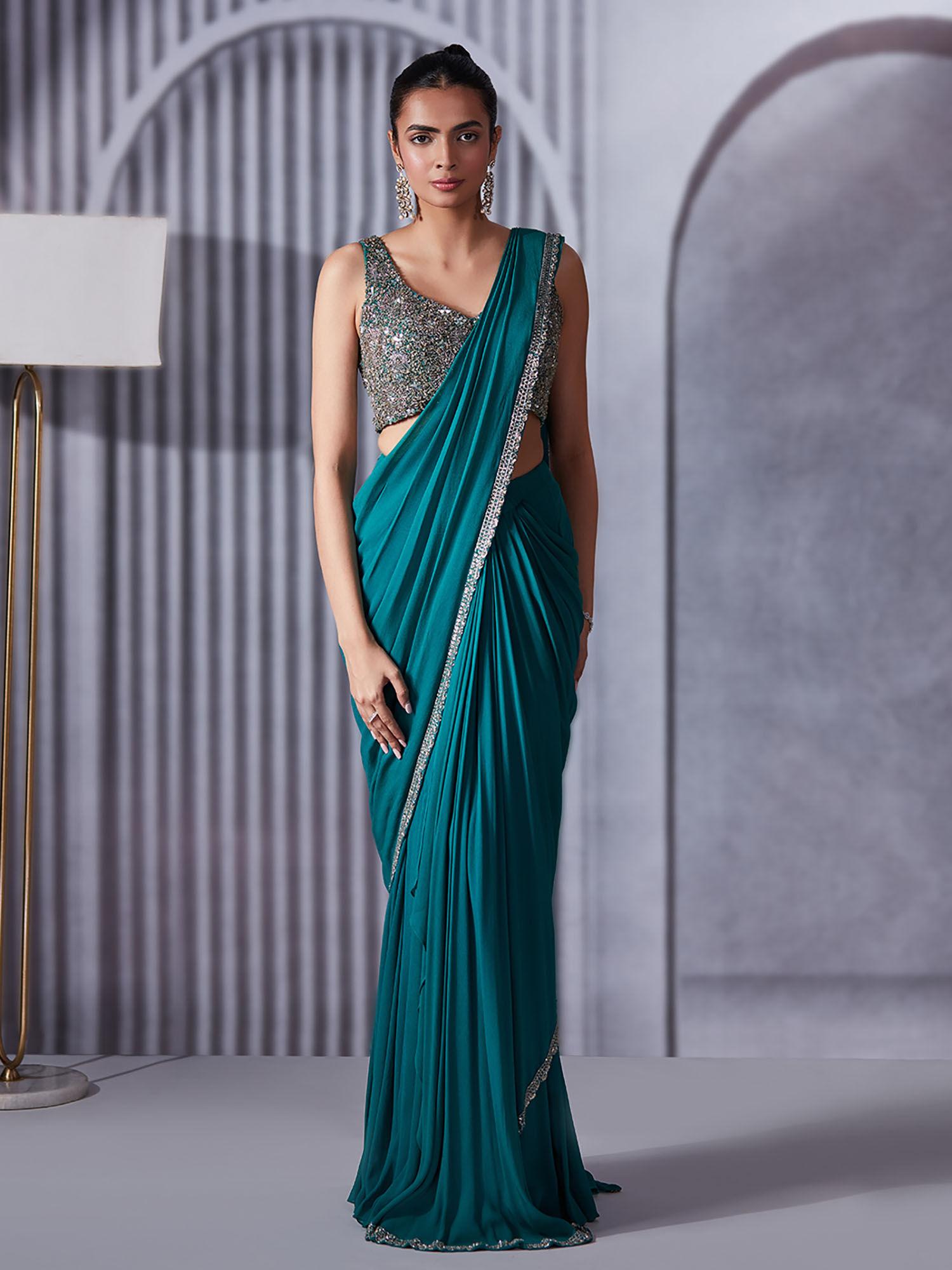 turquoise pre draped saree with blouse with stitched