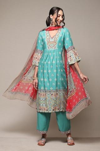 turquoise print casual 3/4th sleeves v neck women gathered fit salwar kurta dupatta set