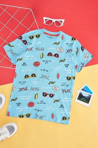 turquoise print casual half sleeves round neck boys regular fit t-shirts