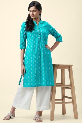 turquoise print casual mandarin 3/4th sleeves calf-length women regular fit kurta