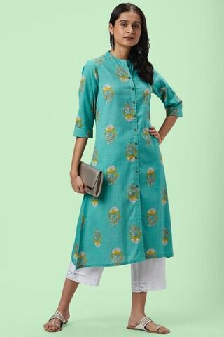 turquoise print casual mandarin 3/4th sleeves calf-length women regular fit kurta