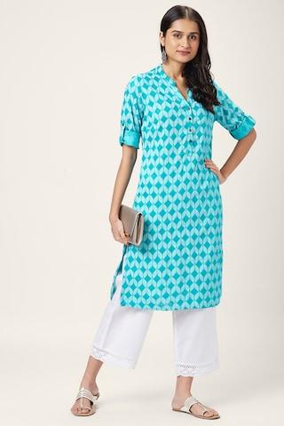 turquoise print casual mandarin 3/4th sleeves knee length women regular fit kurta