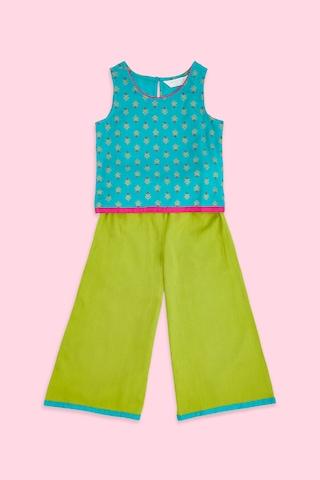 turquoise print ethnic round neck sleeveless ankle-length girls regular fit pant kurta dupatta set