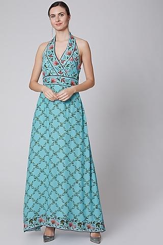 turquoise printed & embroidered dress