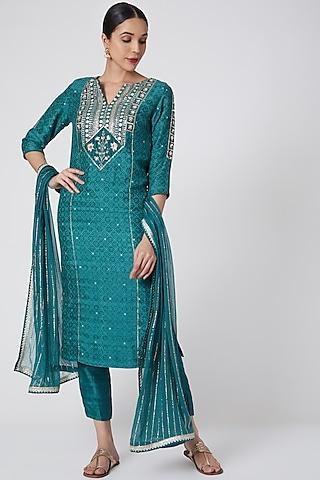 turquoise printed & embroidered kurta set