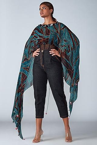 turquoise printed & hand embroidered dupatta-cape