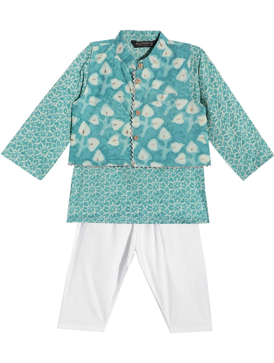 turquoise printed cotton nehru jacket with kurta and pyjama (set of 3)