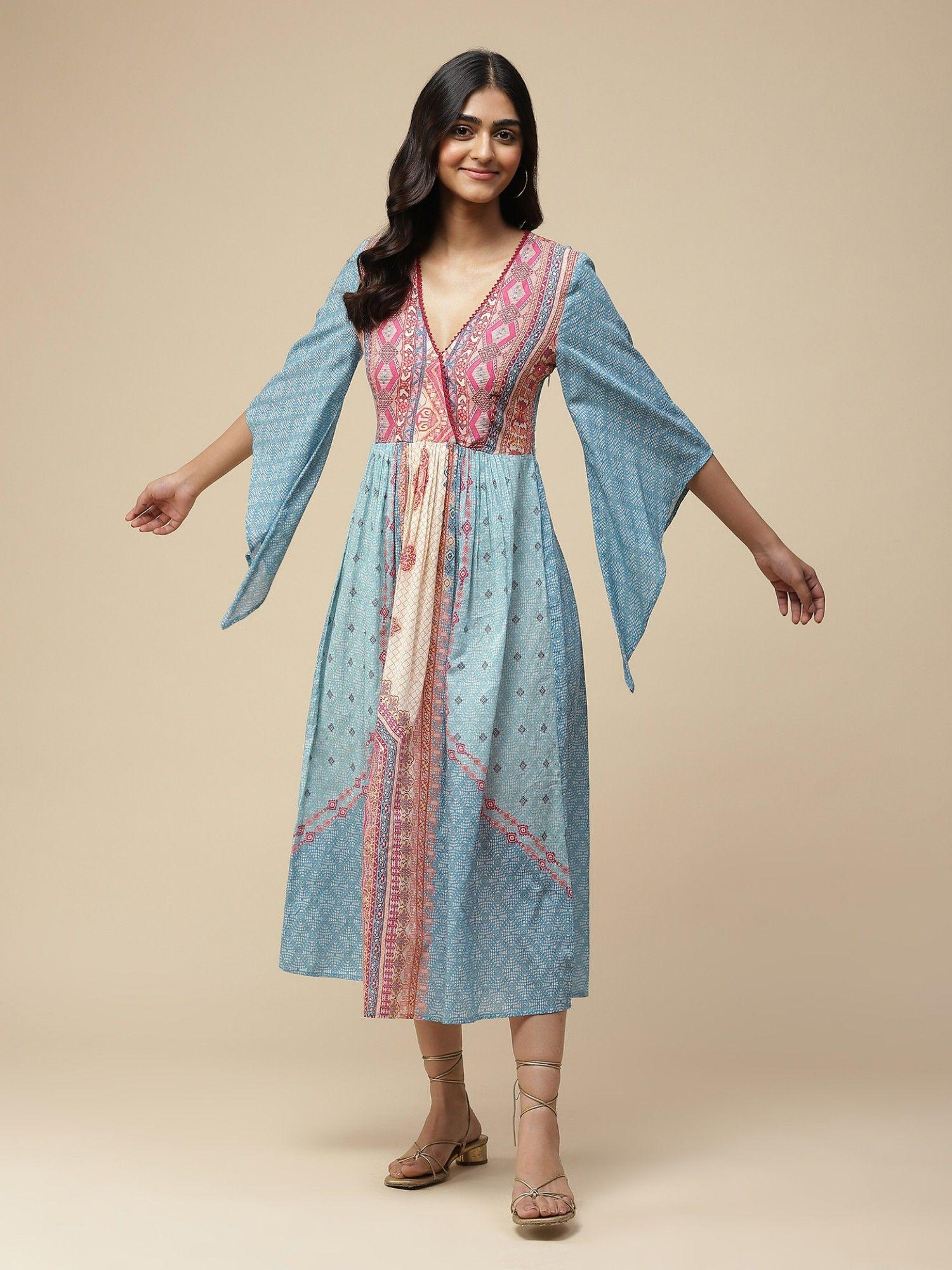 turquoise printed midi dress with asymmetric sleeves