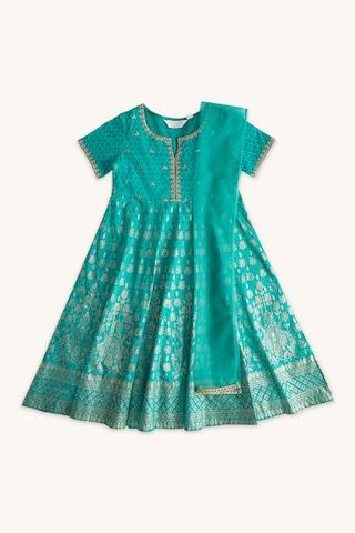 turquoise printed rounded v-neck ethnic ankle-length half sleeves girls regular fit dress