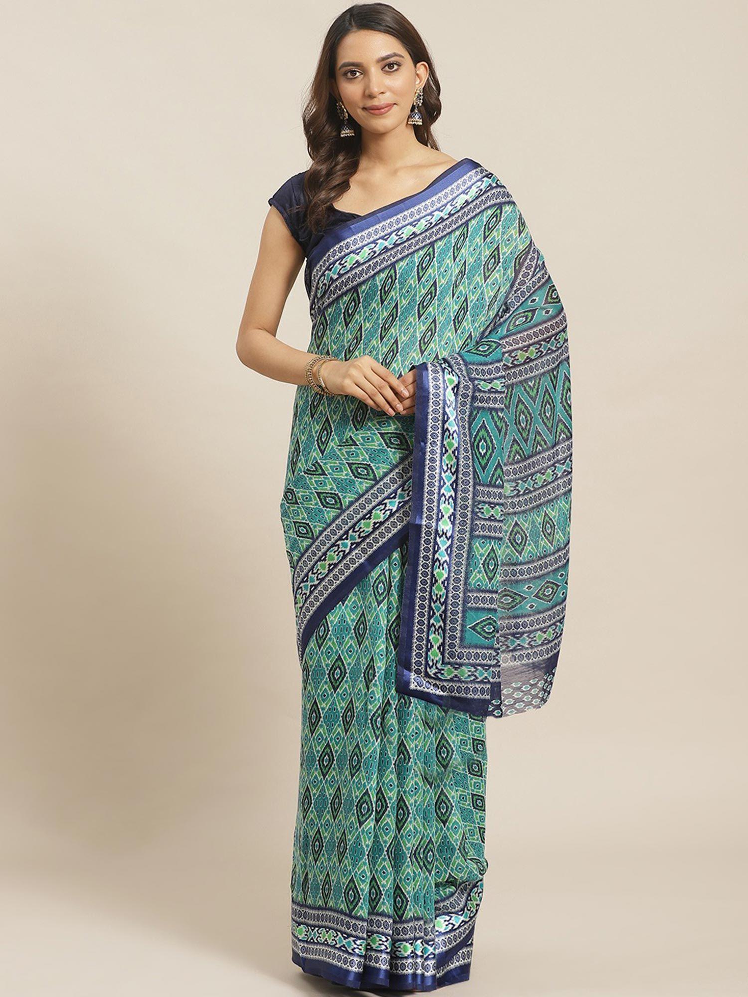 turquoise printed saree with unstitched blouse