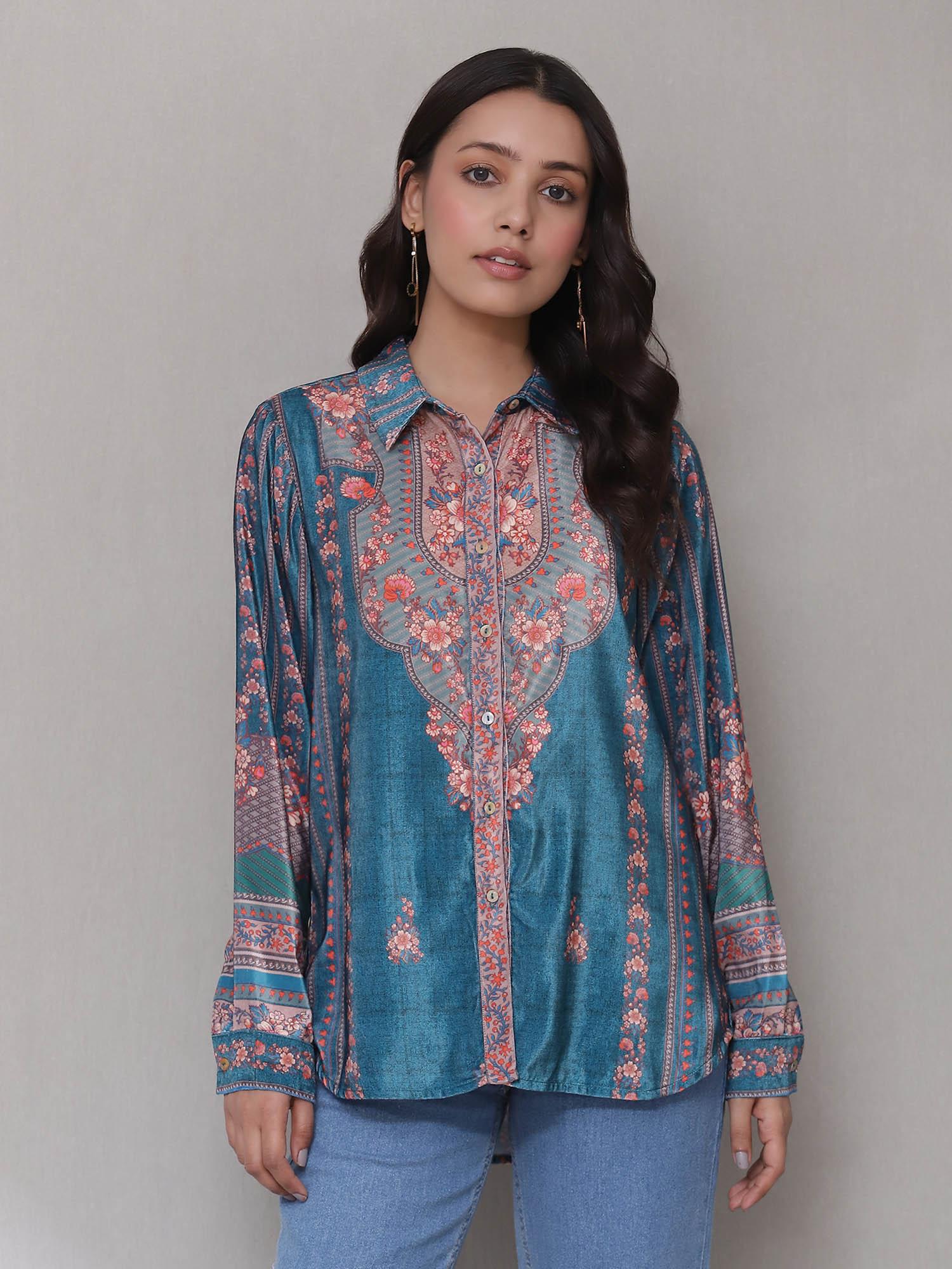 turquoise printed velvet shirt