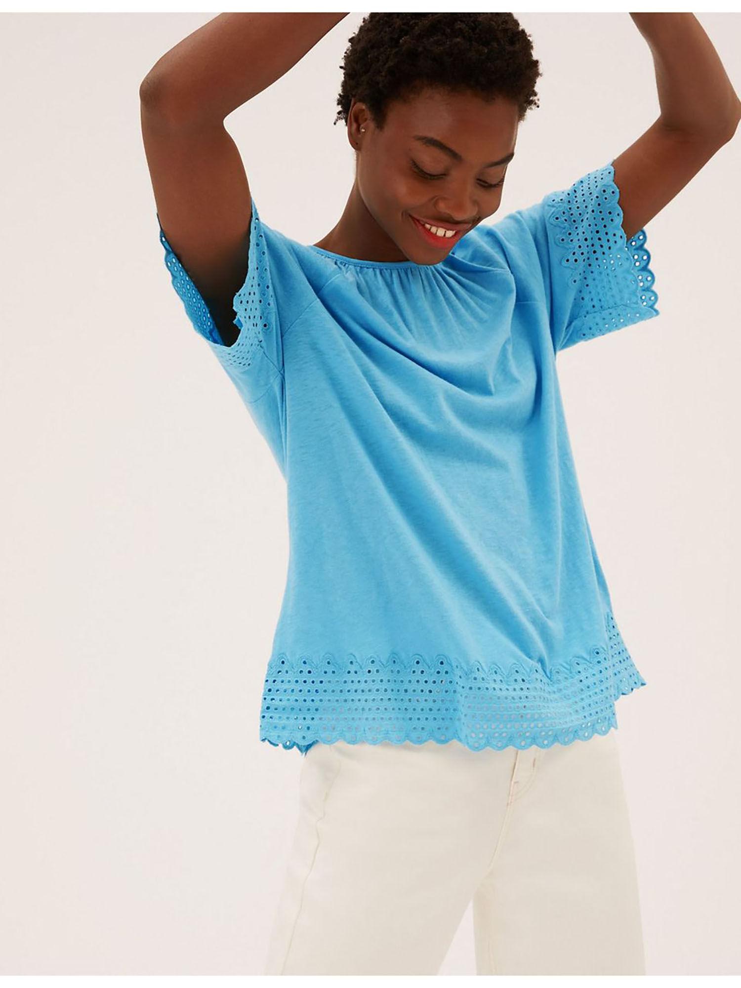 turquoise pure cotton broderie detail crew neck top