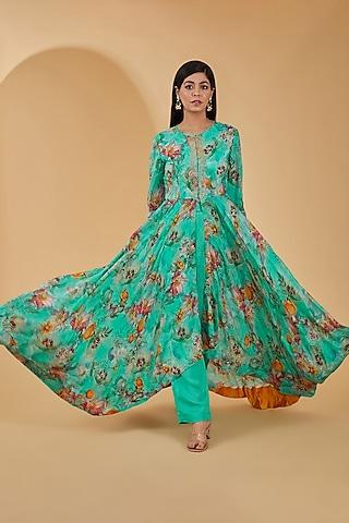 turquoise pure crepe floral digital printed asymmetric anarkali set