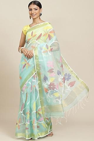 turquoise pure resham silk printed & floral motif embroidered handloom saree