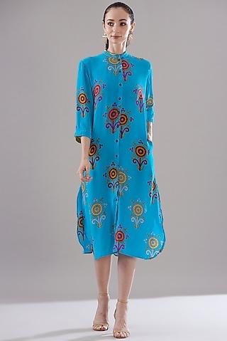 turquoise pure silk crepe printed dress