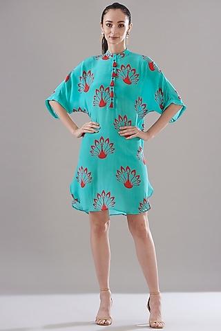 turquoise pure silk crepe printed tunic