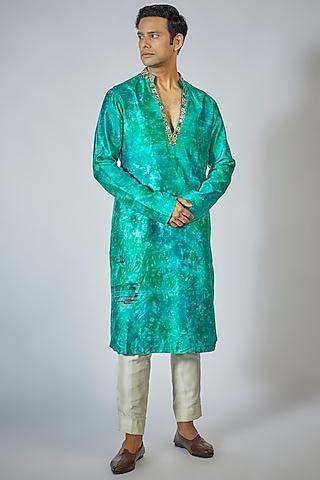 turquoise raw silk mirror embroidered tie & dye kurta set