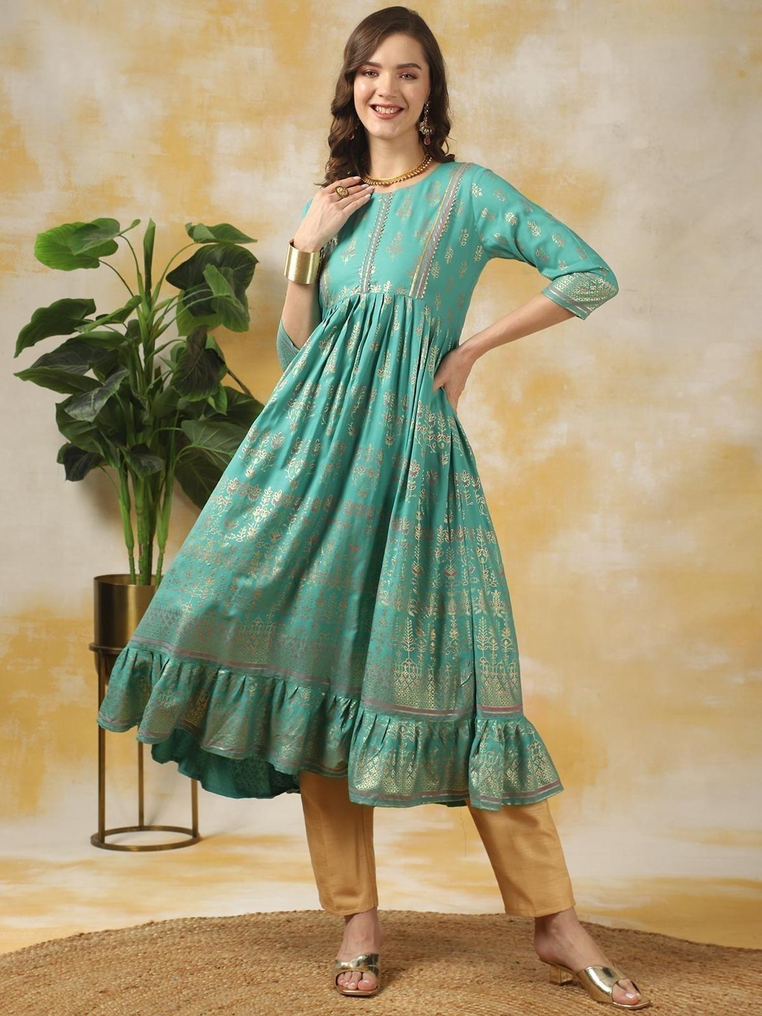 turquoise rayon embellished calf length flared kurta