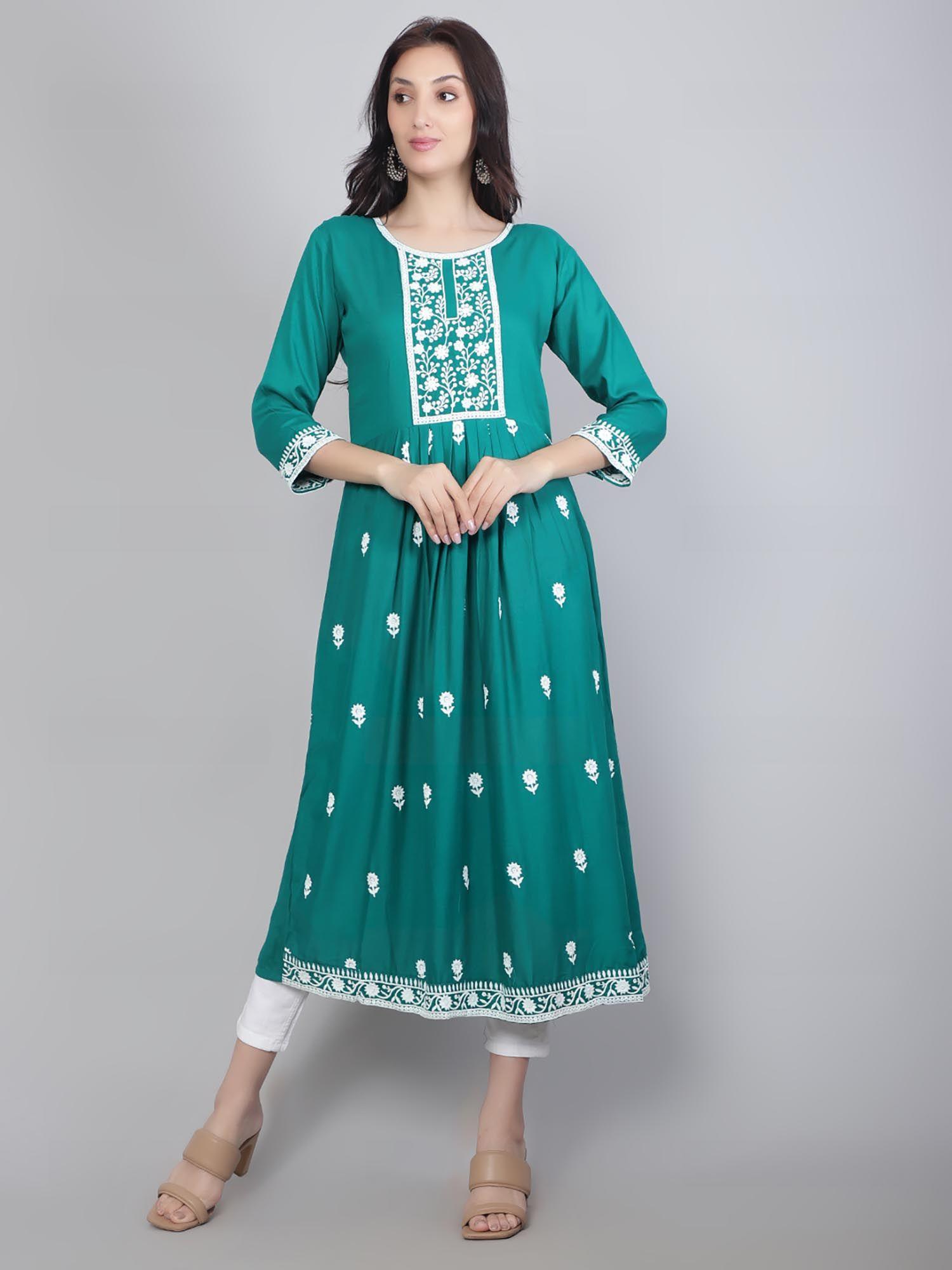 turquoise rayon lucknowi chikankari work round kurta