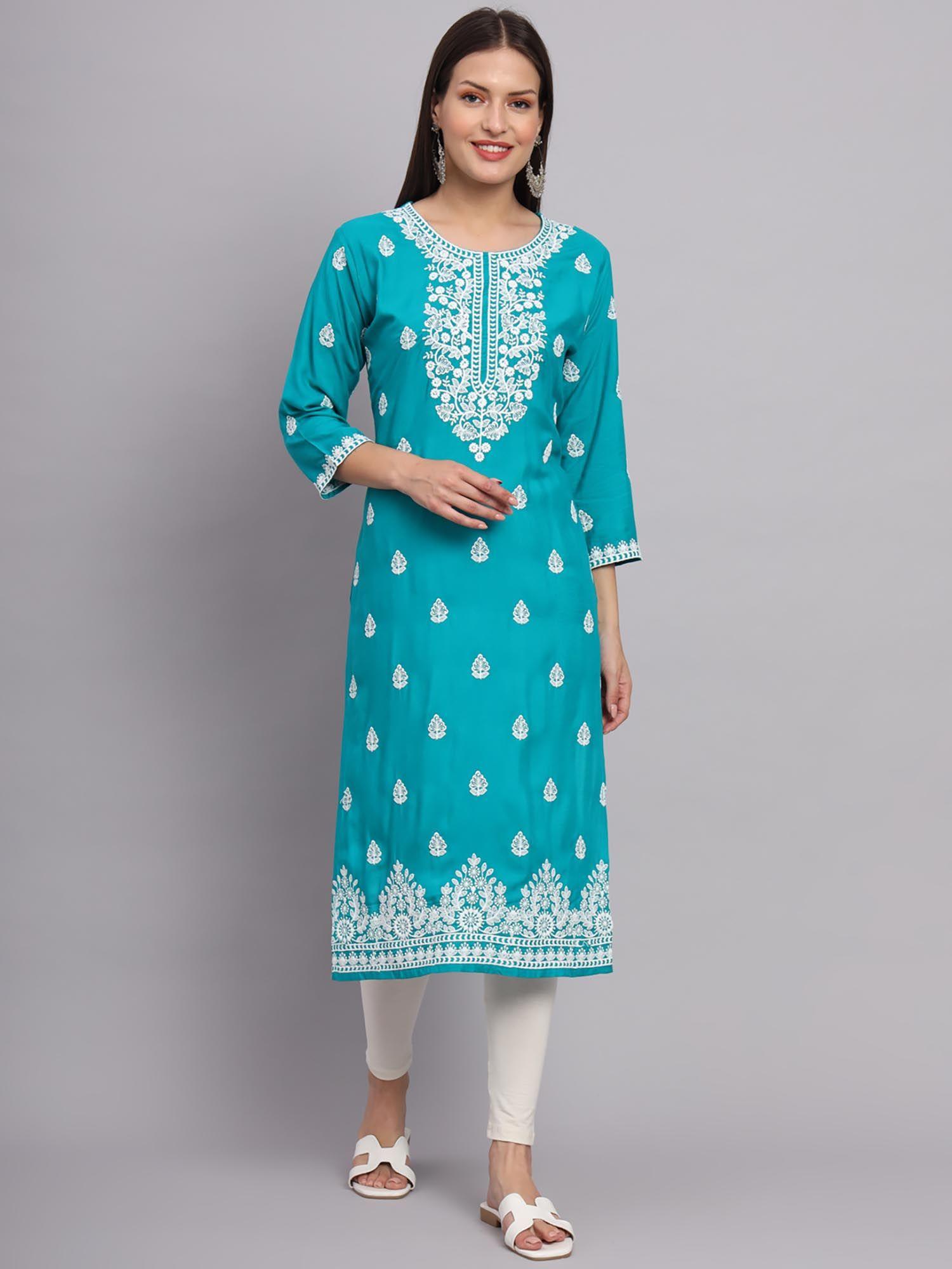 turquoise rayon lucknowi chikankari work straight kurta