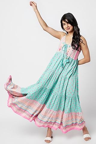 turquoise rayon printed maxi dress