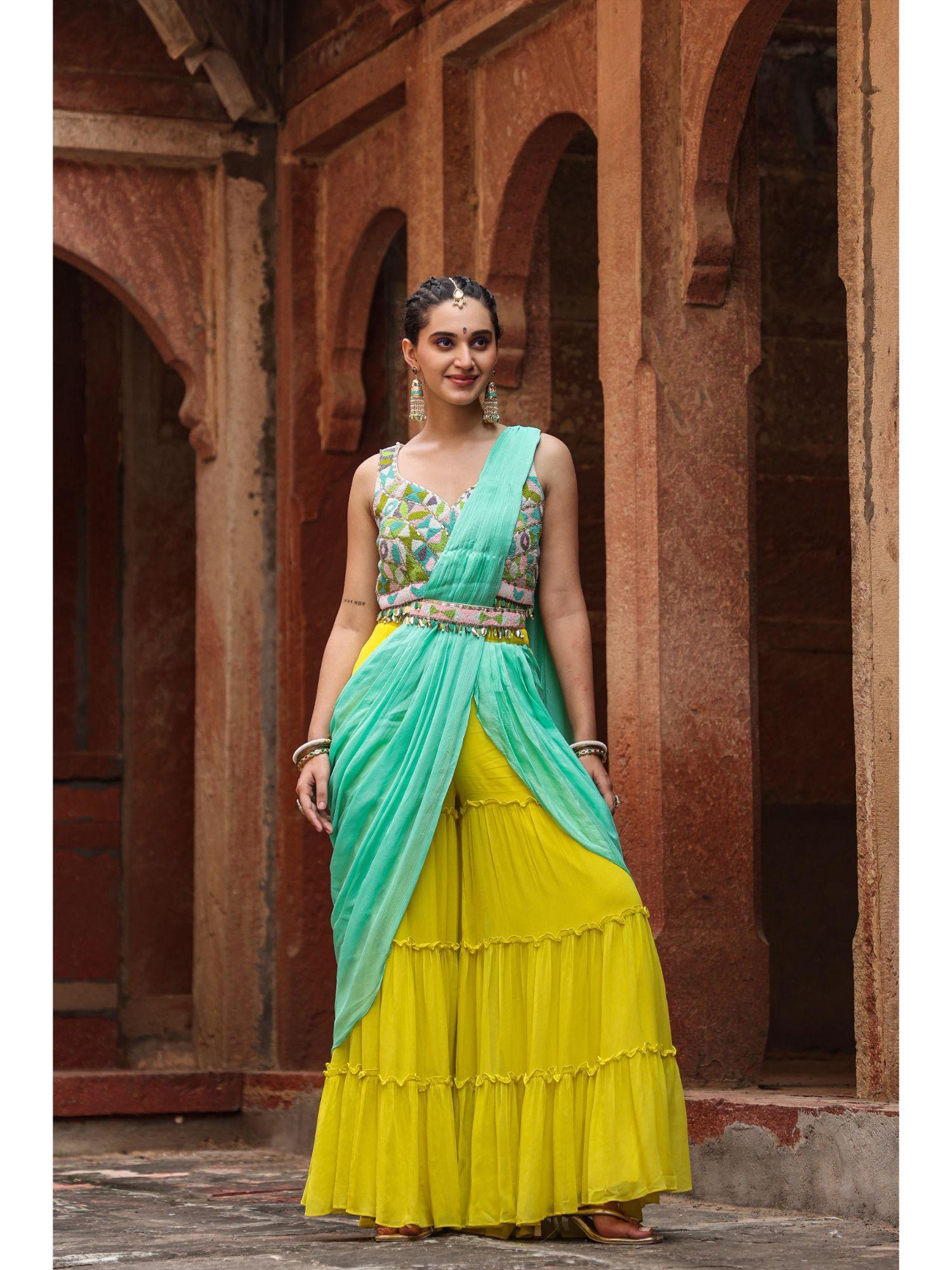 turquoise ready to wear pre draped embellished sharara saree with belt with stitched