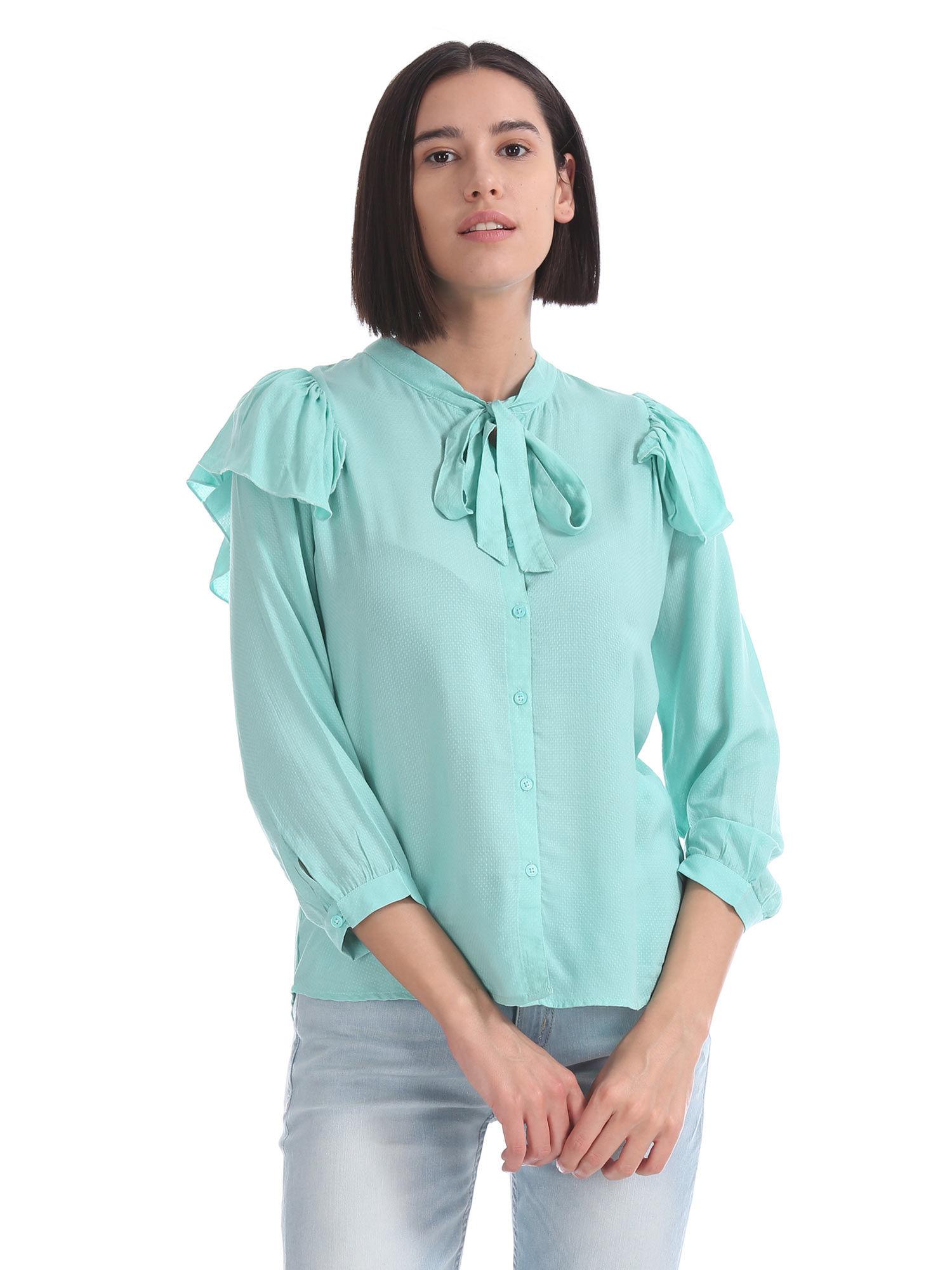 turquoise ruffle overlay dobby top