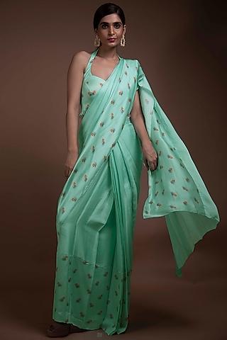 turquoise satin printed draped saree set